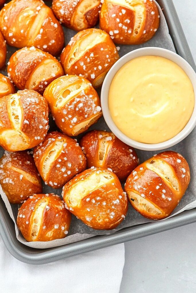 Hot Pretzels And Cheese Dip - Handy Home Soft pretzel bites with sea salt served with creamy cheese dip in a tray, perfect for parties and snacking.