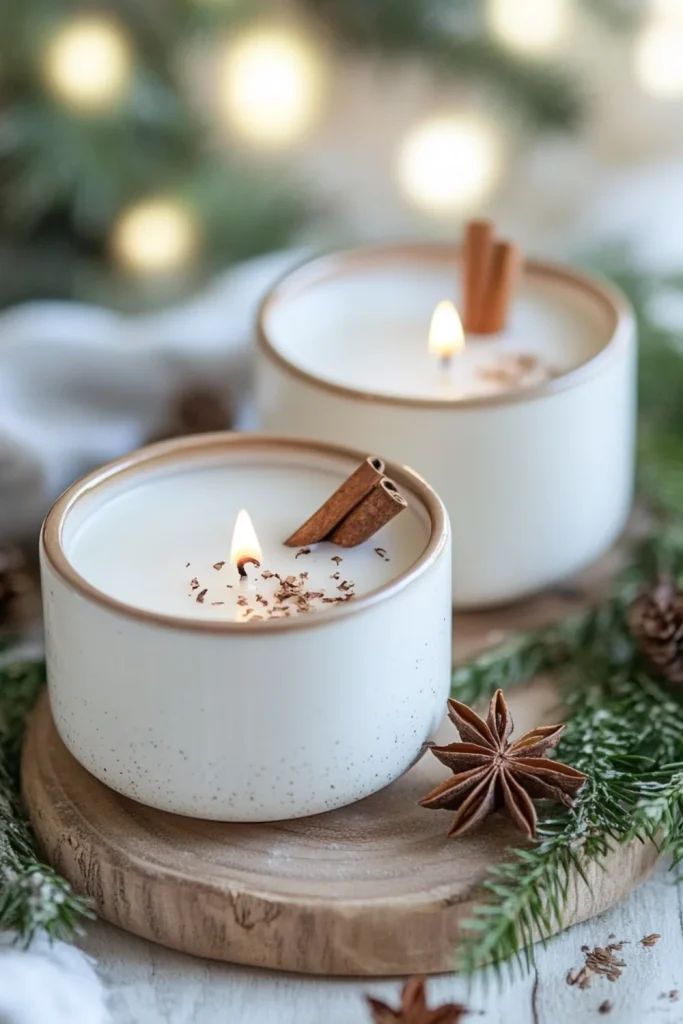 Festive soy candles on wood, adorned with cinnamon sticks and star anise, set in a cozy holiday decor with blurred lights.