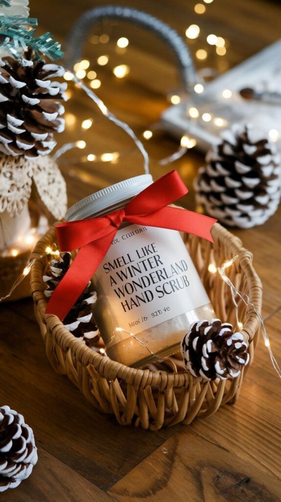 Festive hand scrub in a basket with pinecones and fairy lights, wrapped in a red ribbon, perfect for winter holidays.