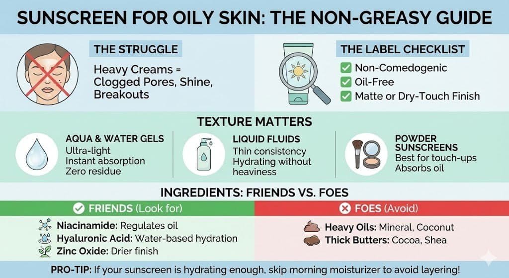Guide to non-greasy sunscreen for oily skin: choose non-comedogenic, oil-free, matte options; avoid heavy oils and butters.
