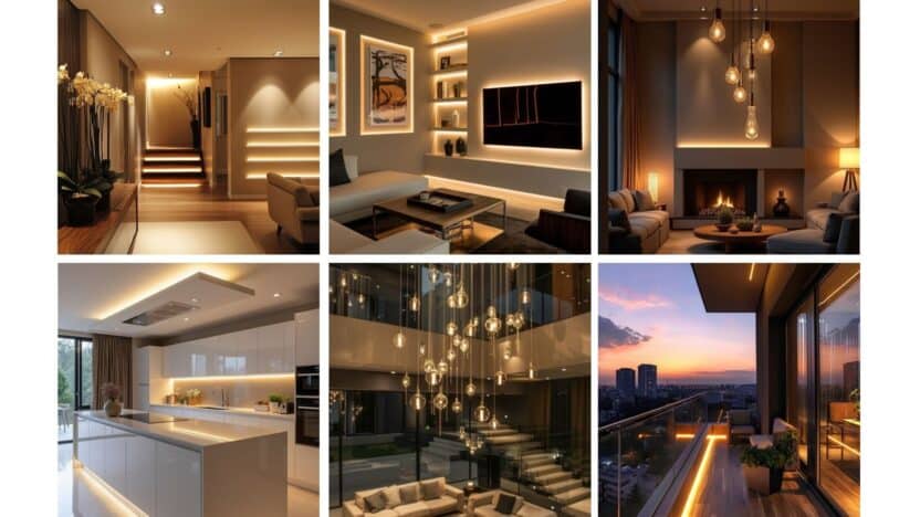 Collage of modern home interiors with stylish lighting, cozy living areas, elegant kitchens, and a stunning sunset balcony view.