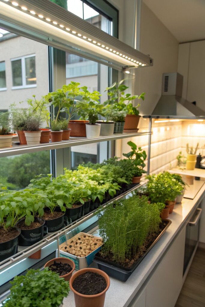 Indoor herb garden with potted plants on shelves by a window, featuring LED grow lights for optimal growth in a modern kitchen setting.