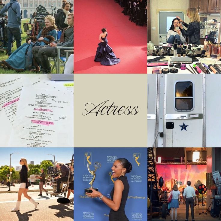 Collage showcasing an actress's journey: film set, red carpet, makeup room, scripts, trailer, award ceremony, and filming crew.