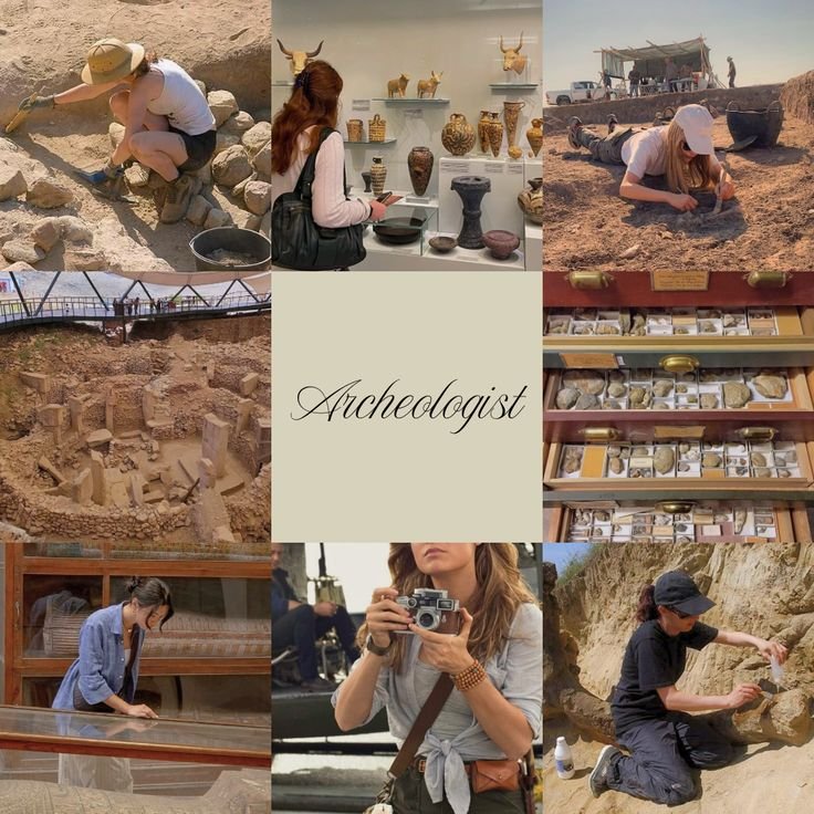 Collage showcasing archaeologists at work, artifacts, excavation sites, and museum displays, highlighting archaeological exploration.