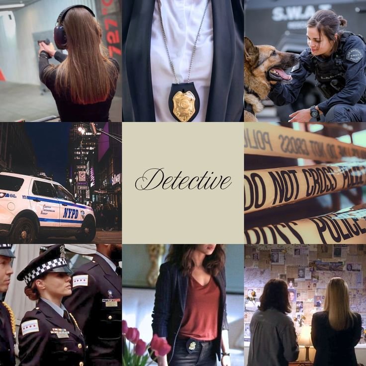 Collage of detective theme: badge, police car, officer with a dog, crime scene tape, and investigation board.