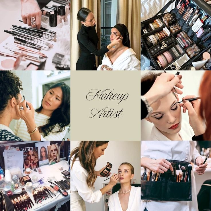 Collage showcasing a makeup artist at work, applying cosmetics and tools, with the text Makeup Artist in the center.