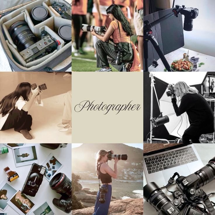 Collage of photographers and camera gear, showcasing diverse settings and photography styles, with Photographer text in the center.