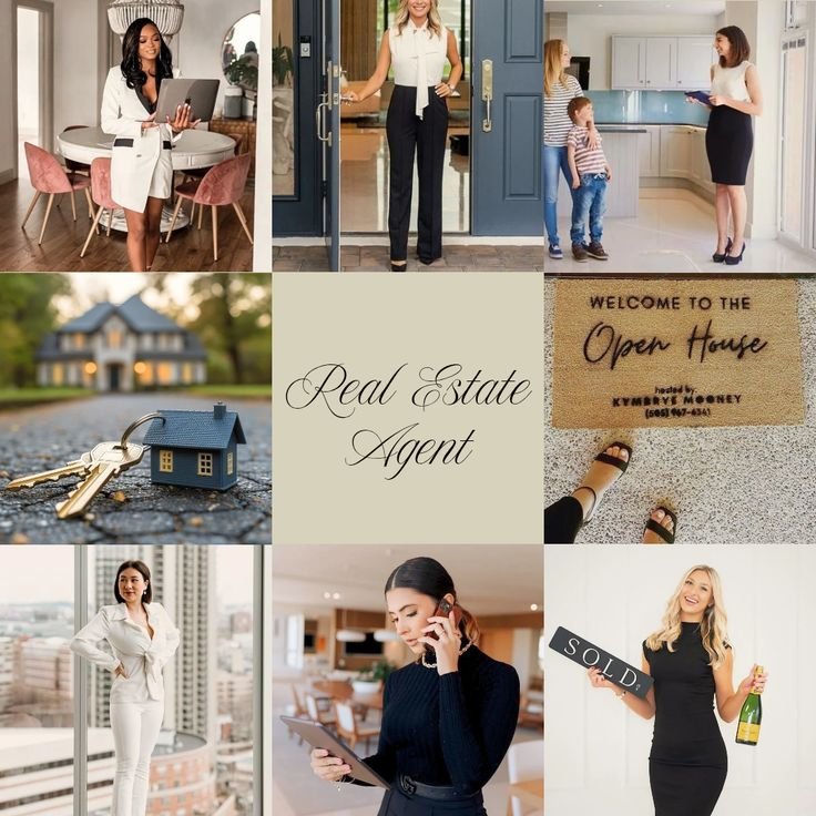 Collage of real estate agents, open house scene, house keys, and Real Estate Agent text in center. Ideal for property sales.