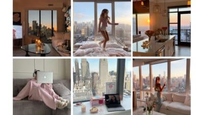 Cozy city apartment with stunning skyline views, modern decor, and relaxing vibes at sunrise and sunset.