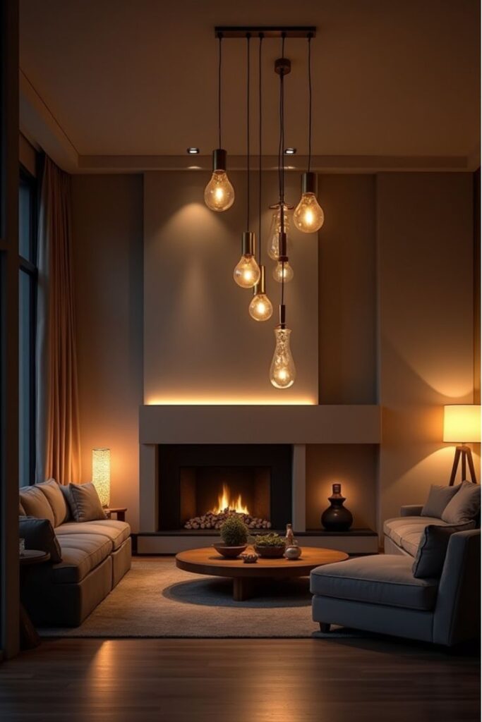 Cozy living room with modern pendant lights, a warm fireplace, and stylish decor for a relaxing ambiance.