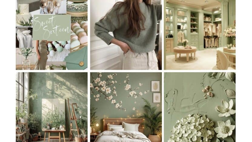 Green-themed mood board with sweet sixteen decor, cozy sweater, elegant closet, bedroom, and nature-inspired interiors.