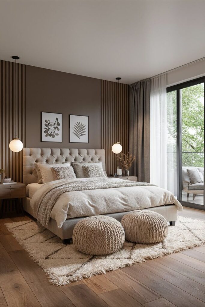 Modern bedroom with beige decor, tufted headboard, textured cushions, and large window for natural light. Cozy and elegant design.