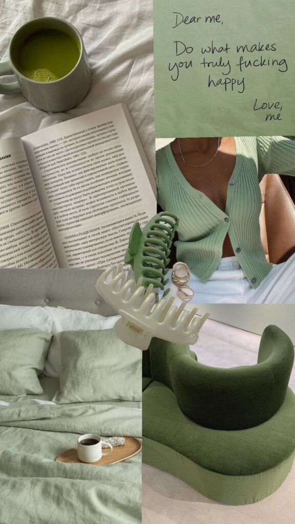 Aesthetic montage: matcha latte, book, self-love note, green cardigan, hair clip, cozy bed, and chic green sofa. Relaxation and positivity vibes.