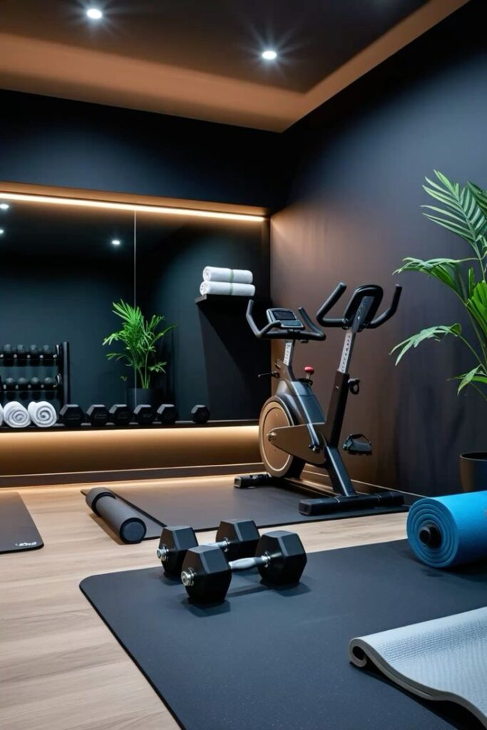 Modern Home Gym - Handy Home Modern home gym with exercise bike, dumbbells, yoga mats, and plants, perfect for fitness and wellness routines.