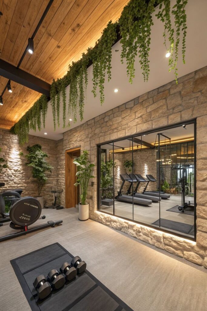 Modern Home Gym with Natural Wood Aesthetics Zen Vibes 🪵💪🧘 - Handy Home Luxurious home gym with stone walls, wooden ceiling, lush greenery, and modern exercise equipment. Ideal fitness space design.