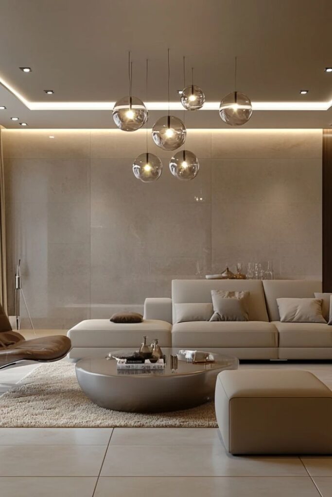 Modern living room with beige sofa, elegant lighting, and sleek decor. Warm tones create a cozy and stylish ambiance.