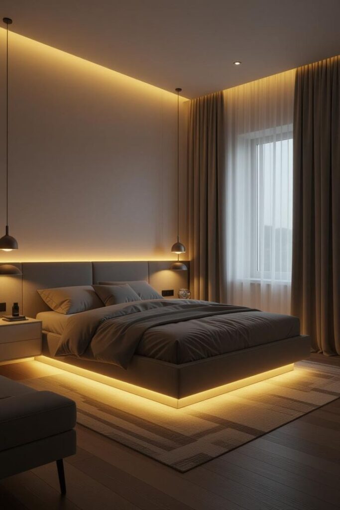 Modern bedroom with ambient lighting, cozy bed, and floor-to-ceiling curtains for a relaxing atmosphere.