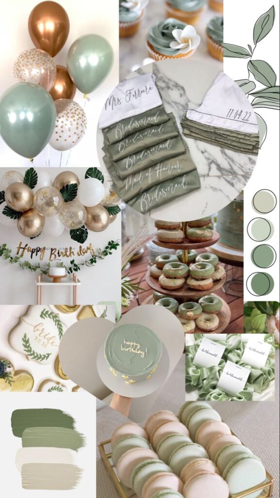 Elegant sage green and gold party decor with balloons, cupcakes, and sweets, ideal for birthdays or weddings. Luxurious celebration theme.