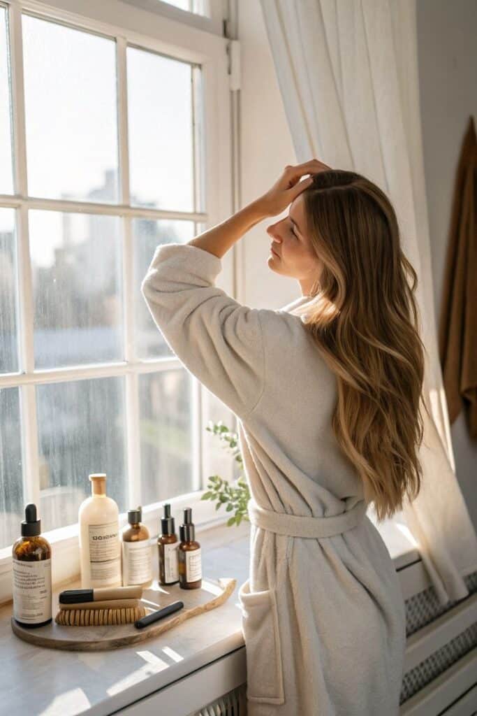 Morning Hair Routine _ Easy Effective Tips for Healthy Shiny Hair - Handy Home Woman in robe by window with long hair, surrounded by beauty products; morning self-care routine.