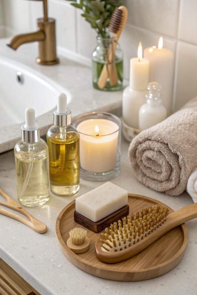 Natural Hair Oils 🌿 Strong Shiny Hair - Handy Home Luxurious bathroom setting with oils, candles, soap, and brush for a relaxing spa-like atmosphere.