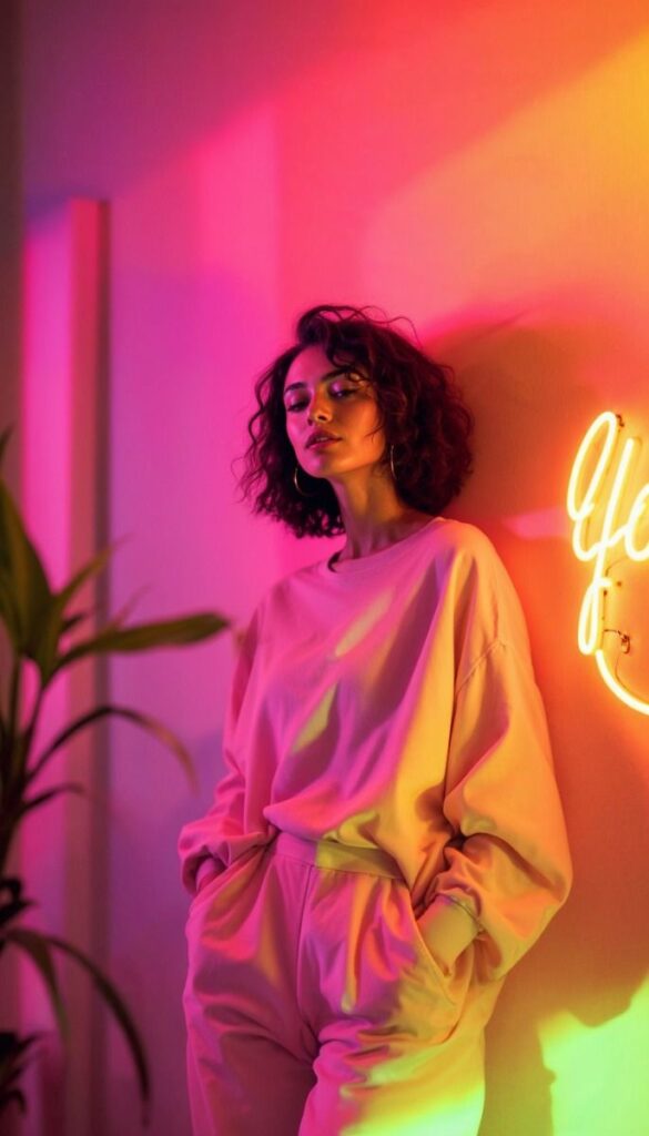 Neon Aesthetics Pose for Women - Handy Home Woman in colorful lighting, wearing a casual outfit, stands near neon sign. Vibrant, moody ambiance with a plant nearby.
