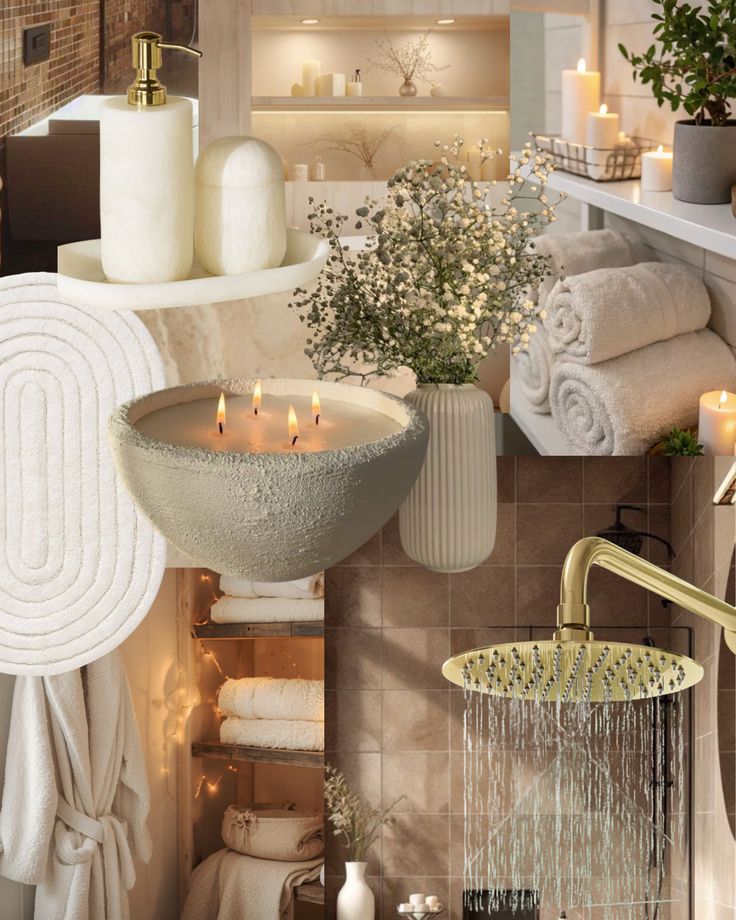 Luxurious bathroom with beige tones, featuring candles, a rain shower, plush towels, and elegant decor for a spa-like ambiance.