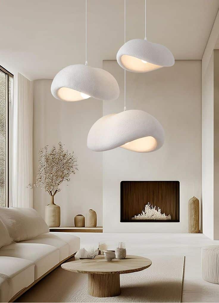 Modern living room with organic pendant lights, minimalist white decor, cozy sofas, and a stylish fireplace.