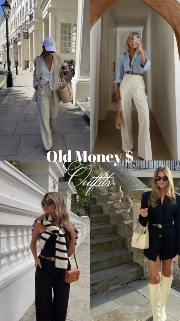 Stylish women in chic outfits showcase timeless Old Money fashion on city streets and elegant staircases.