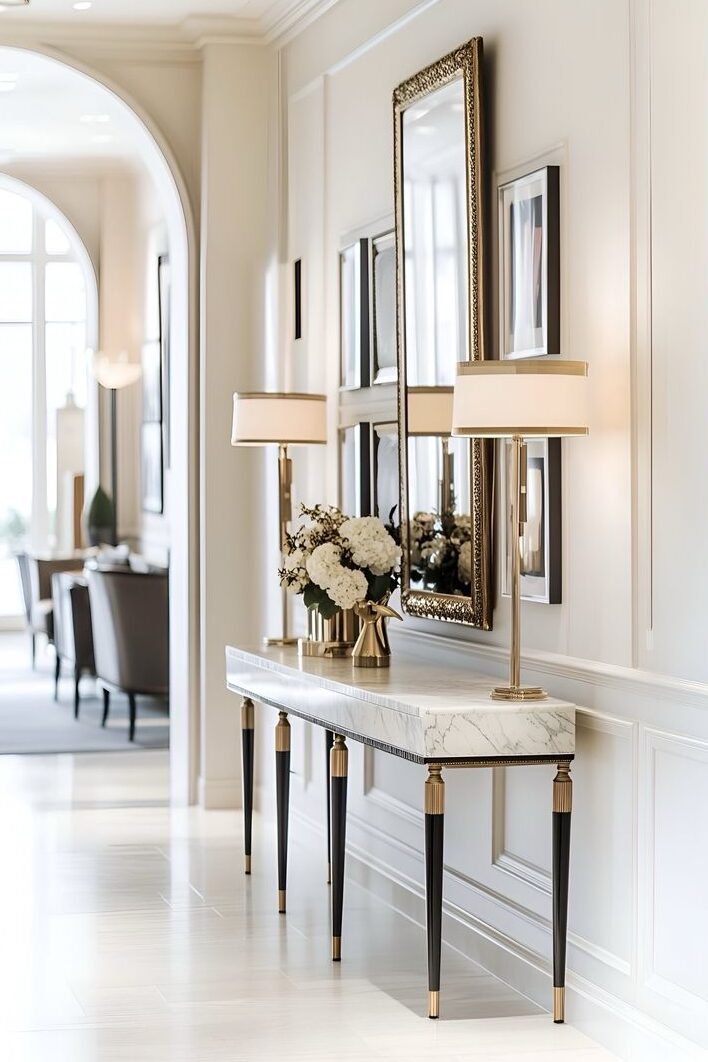 Elegant hallway with marble console table, gold lamps, and floral decor, featuring large mirrors reflecting soft, natural light.