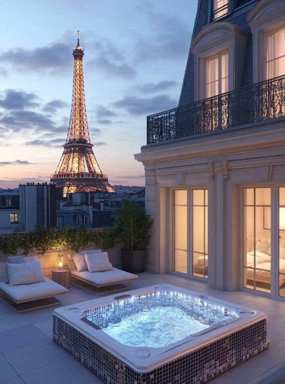 Luxurious Parisian rooftop with hot tub overlooking the Eiffel Tower at dusk, offering a romantic cityscape view.