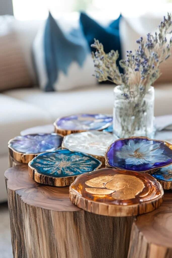 Colorful geode coasters on a rustic wooden table, adding elegance to a cozy living room setting with a vase of dried lavender.