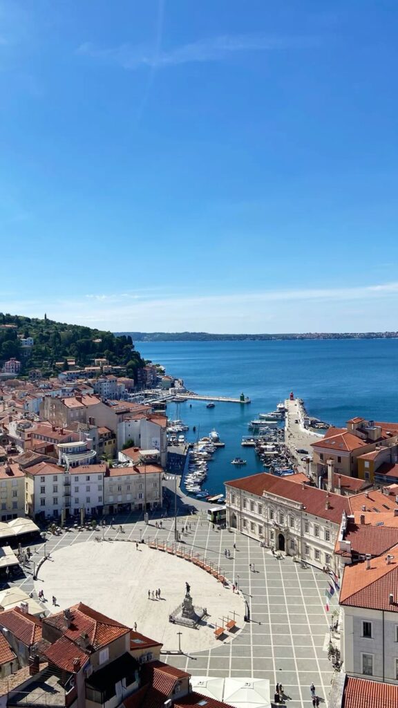 Piran Slovenia - Handy Home Aerial view of a coastal town with a bustling marina and historic architecture under a clear blue sky.