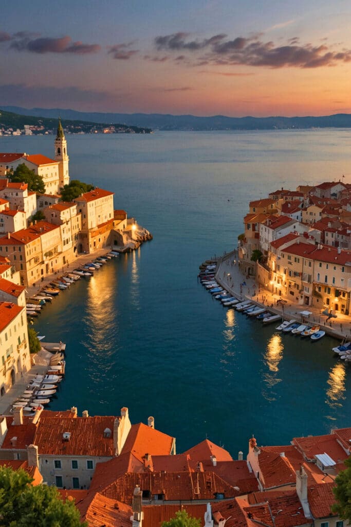 Piran Slovenia - Handy Home Scenic coastal town at sunset, featuring red-roofed buildings and boats lined along the waterfront, reflecting tranquil water.