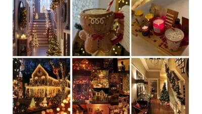 Festive Christmas decor featuring cozy interiors, gingerbread mug, candles, and a house adorned with bright holiday lights.