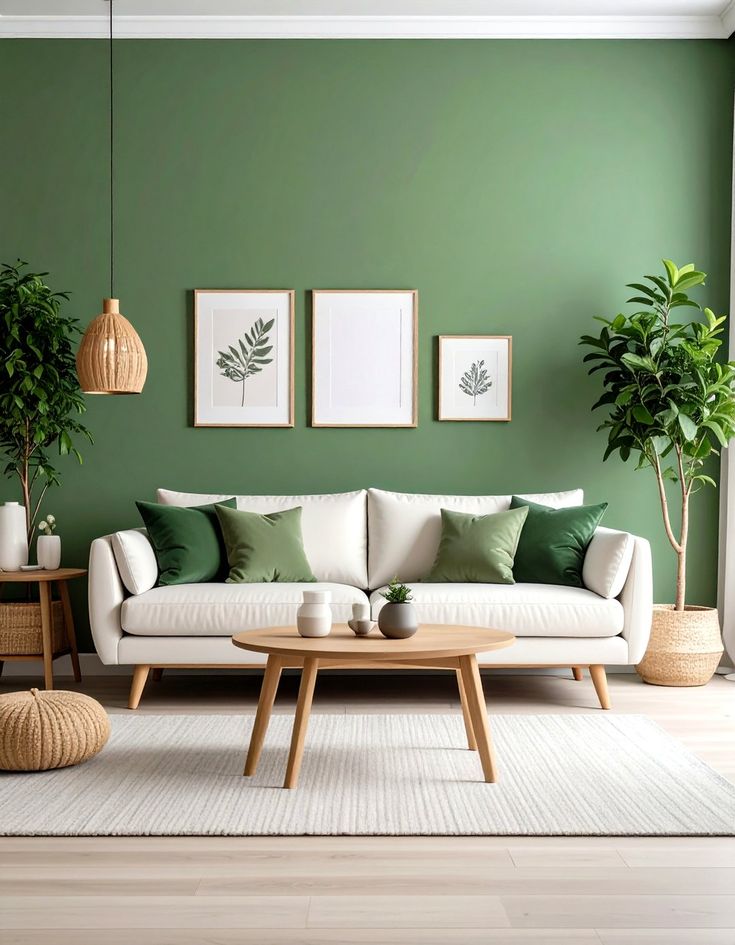 Modern living room with green accent wall, white sofa, and wooden furniture. Decor includes leafy artwork and indoor plants. Cozy and stylish.
