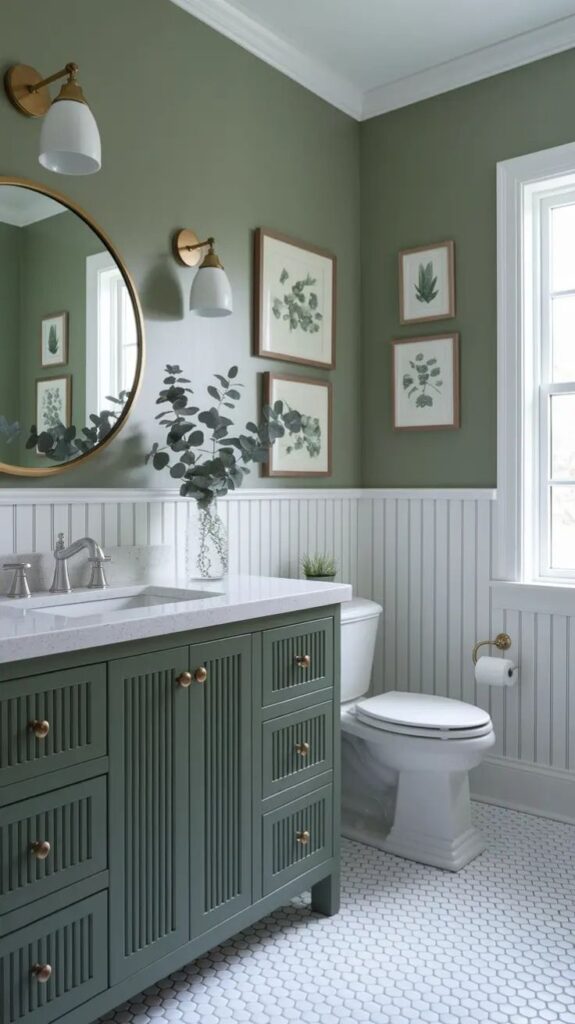 Stylish bathroom with green vanity, round mirror, botanical art, and white wainscoting, featuring elegant lighting fixtures.