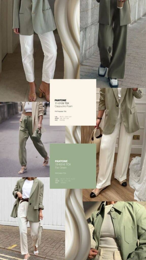 Stylish outfits in Pantone Fair Green and Cappuccino Foam; featuring blazers, pants, and accessories in a chic street style collage.