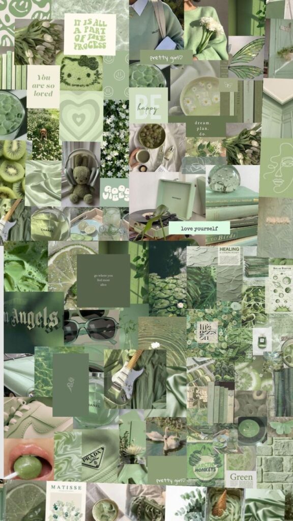 Aesthetic green mood board collage featuring plants, fashion, and positive quotes creating a calming and inspirational vibe.