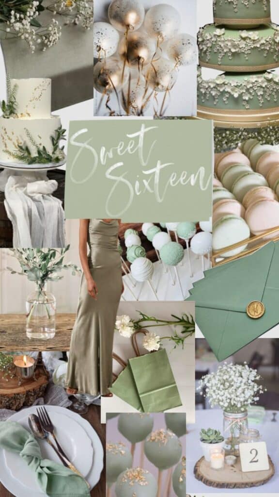 Elegant Sweet Sixteen party theme in sage green with cakes, balloons, and decor for a stylish celebration.