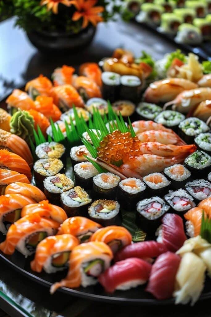 Savor the Flavor_ Japanese Sushi Delights - Handy Home Assorted sushi platter with fresh sashimi, nigiri, and rolls, garnished with wasabi and ginger. Perfect for seafood lovers.
