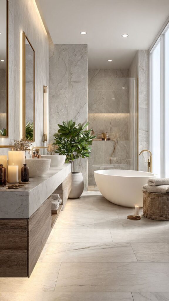 Luxurious bathroom with freestanding tub, marble surfaces, and ambient lighting for a relaxing spa-like experience.