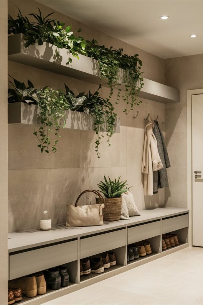 Modern entryway with shoe storage, hanging coats, and lush green plants on shelves for a stylish and organized space.