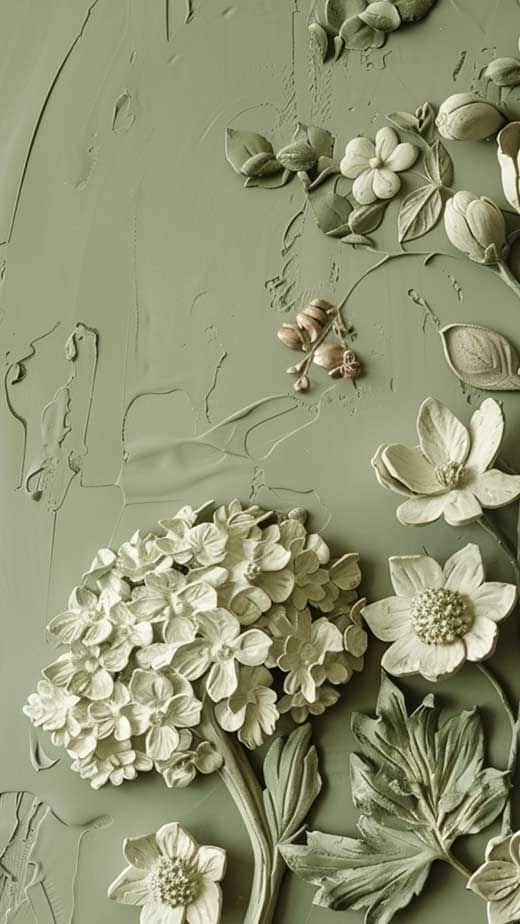 Green textured background with intricate white clay floral designs, featuring blossoms and leaves.