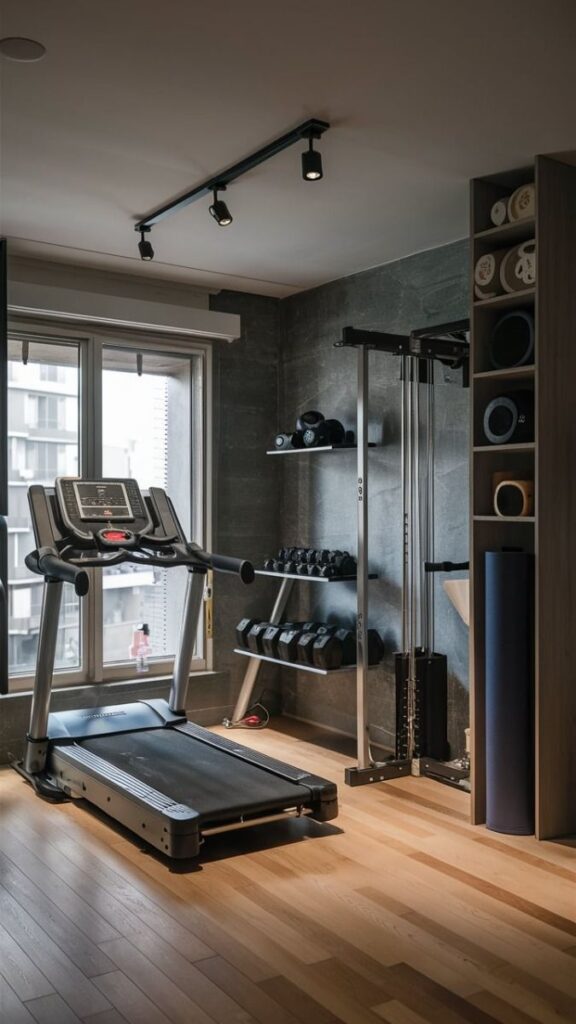 Small Space Home Gym Ideas - Handy Home Home gym with treadmill, dumbbells, and exercise equipment by a window, lit by modern overhead lights, on wooden flooring.