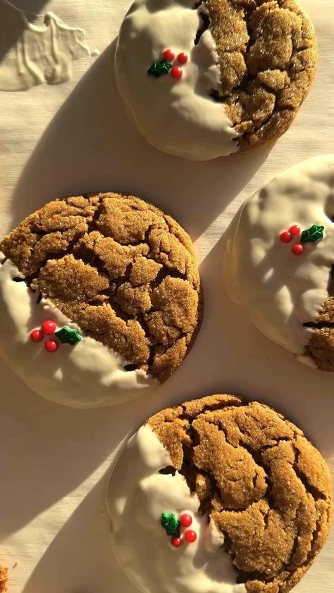 Soft Gingerbread Cookies with Maple Glaze - Handy Home Festive ginger cookies with white icing and holly decorations, perfect for holiday treats.