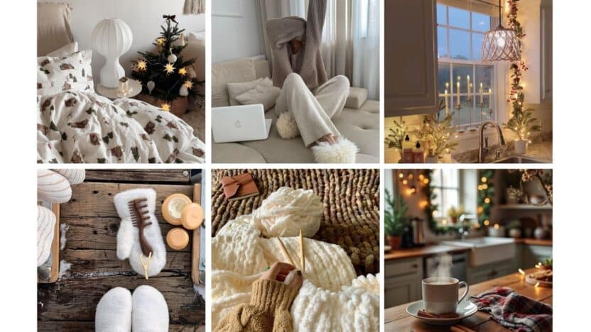 Cozy winter vibes collage: festive decor, knitwear, warm drinks, and relaxing at home. Perfect for the holiday season.