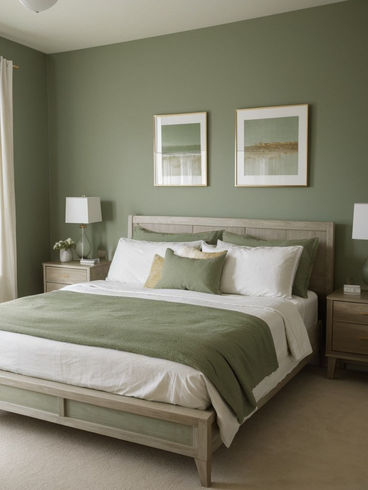 Cozy bedroom with green bedding and a matching wall, featuring framed art and bedside tables for a tranquil, modern aesthetic.