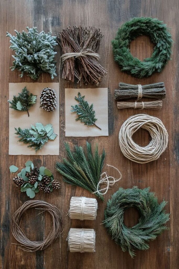 Sustainable Christmas Ideas 2025 - Handy Home Crafting supplies for wreath-making: twine, pine cones, branches, greenery, arranged on a wooden table. Ideal for holiday decor DIY.