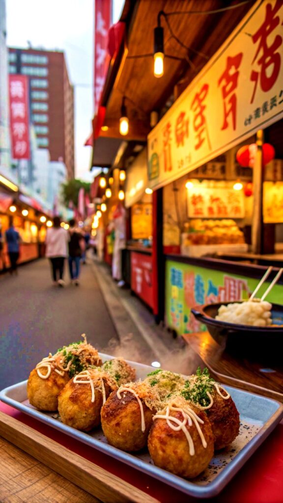 Takayoki japanese street food - Handy Home Delicious takoyaki served at a vibrant Asian night market. Warm street food ambiance with colorful signs and bustling stalls.