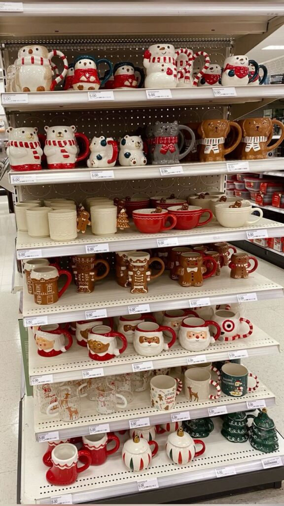 Target Christmas Mugs 2025 🎄☕️ - Handy Home Festive holiday mugs with various Christmas designs displayed on store shelves, ideal for seasonal celebrations and hot beverages.